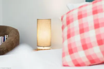 a lamp sitting on a table next to a couch at Budock Cottage in Mawnan