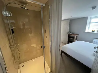 a bathroom with a shower and a bed in a room at St Tudy Inn in Bodmin