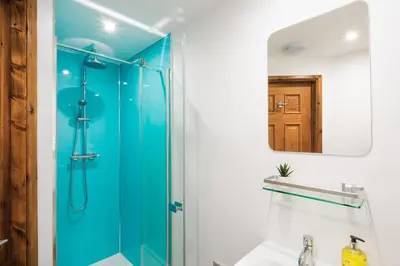a bathroom with a shower with a blue glass door at Newlyn in Budock Water