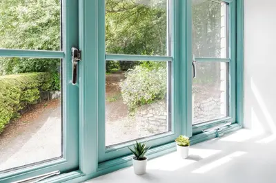 an open window with two potted plants on a window sill at Newlyn in Budock Water