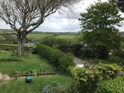 a garden with a bench and a tree at Cozy Camborne Studio Retreat with two single beds in Camborne