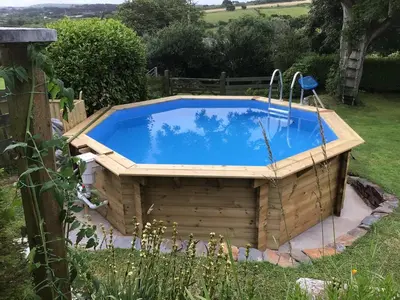 a swimming pool in a garden with a wooden house at Cozy Camborne Studio Retreat with two single beds in Camborne