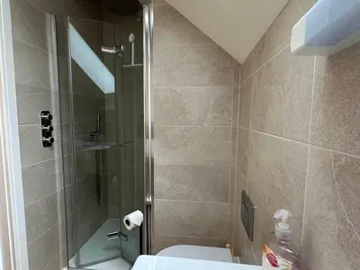 a bathroom with a shower with a toilet and a sink at Primrose in Bodmin