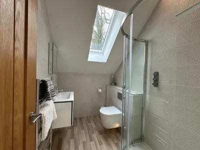 a bathroom with a shower and a toilet and a skylight at Primrose in Bodmin