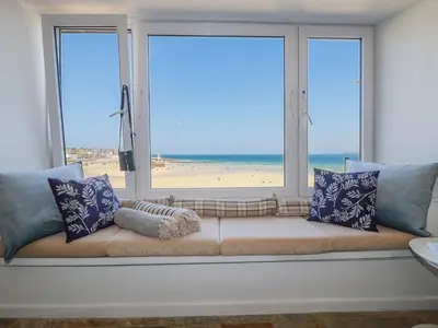 a window seat with a view of the beach at Men an Mor in St Ives