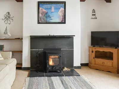 a living room with a fireplace and a tv at Trevivian House in Boscastle