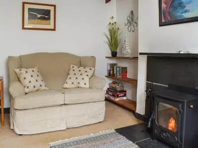 a living room with a couch and a fireplace at Trevivian House in Boscastle