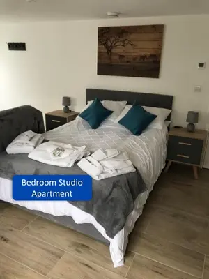 a bedroom studio apartment with a bed with blue pillows at Ocean View Apartments in Looe