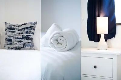 three different views of a bedroom with a bed and a lamp at Tides in Carbis Bay