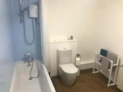 a bathroom with a toilet and a bath tub at A woodland retreat - Apartment in converted mill in Helston