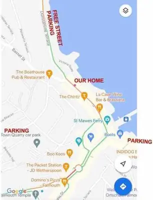 a map of our home and ourroute at The Old Pirates Lookout in Falmouth