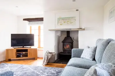 a living room with a couch and a fire place at Dingles Cottage in Saint Minver