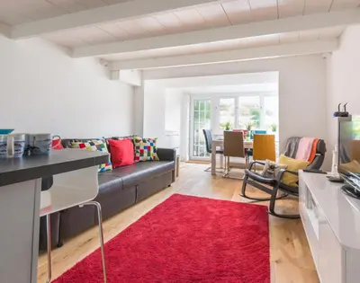 a living room with a couch and a red rug at Beehive Cottage in Port Isaac