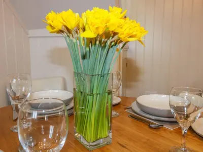 a vase of yellow flowers sitting on a table at Apple Barn in Newquay