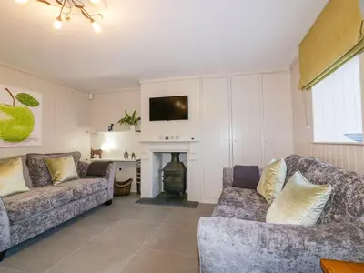 a living room with two couches and a fireplace at Apple Barn in Newquay