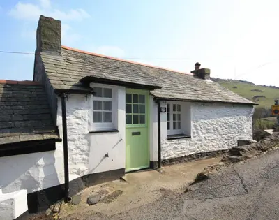 a small white cottage with a green door at Crow's Nest in Port Isaac