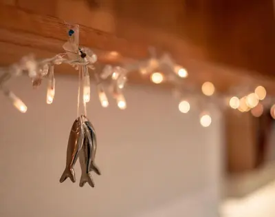 a bird hanging from a string of lights at April Cottage in Port Isaac