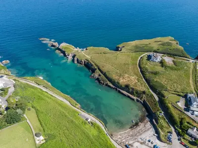 an aerial view of a small island in the ocean at Number 28 in Port Isaac