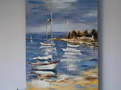 a painting of boats in the water at Hillview in Wadebridge