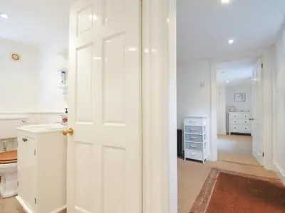 a bathroom with a toilet and a white door at Orchard Cottage in Saint Endellion