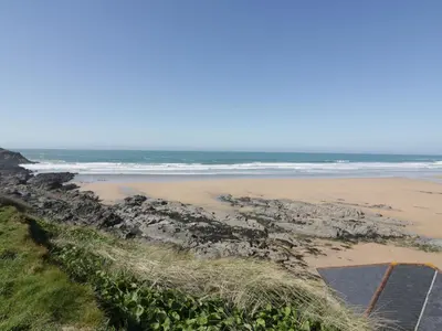 an aerial view of a beach and the ocean at Fistral Drift in Newquay