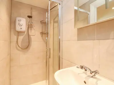 a bathroom with a shower and a sink at The Old Byre in Falmouth