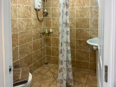 a bathroom with a shower with a toilet and a sink at Hillside in St Austell