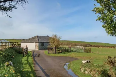a farm with a fence and a dirt road at Venn Down Lakes in Boscastle