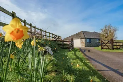 a fence with flowers in the grass next to a house at Venn Down Lakes in Boscastle