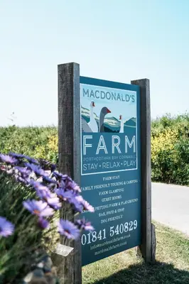 a sign for a farm with purple flowers at Macdonald's Farm in Saint Ervan