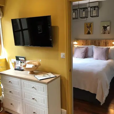 a bedroom with a bed and a tv on the wall at Romantic, secluded cottage in Cardinham Woods, Cornwall in Cardinham