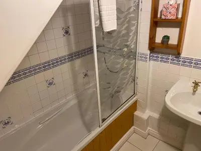 a bathroom with a shower and a sink at The Granary at Bissick Old Mill in Truro