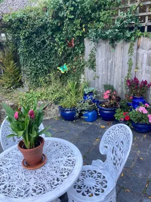 a table and chairs with potted plants and a fence at The Granary at Bissick Old Mill in Truro