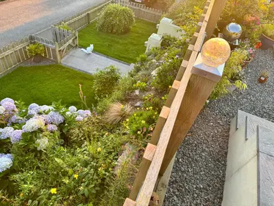 an overhead view of a garden with flowers at West Winds, Fore Street, Polruan by Fowey in Polruan