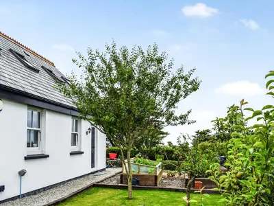 a white house with a tree in the yard at Elmington Studio in Tintagel