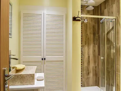a bathroom with a shower and a sink at Elmington Studio in Tintagel