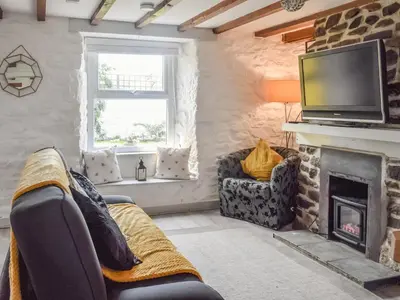 a living room with two couches and a fireplace at Bee Cottage in Hayle