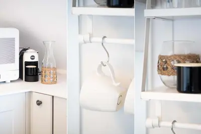 two pictures of a kitchen shelf with a blender at Len's Lookout in St Ives