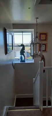 a person on a skateboard looking out a window at Trelake Cottage in Tintagel
