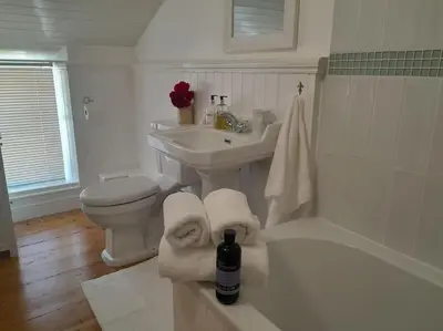 a bathroom with a sink and a toilet and a bath tub at The Captain's House Charlestown St Austell in Charlestown