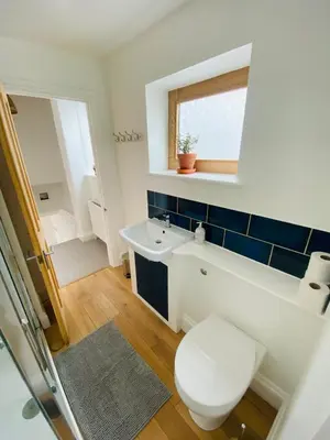 a bathroom with a toilet and a sink and a mirror at Beautiful 2 bed end terrace Victorian town house in Redruth