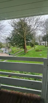 a white bench in a park with a tree at 3 Manor Villas Newquay in Newquay