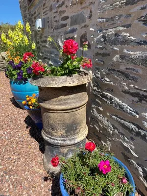 a stone pillar with flowers inront of a stone wall at Polrunny Farm sea view Blueberry Cottage with log burner in Boscastle