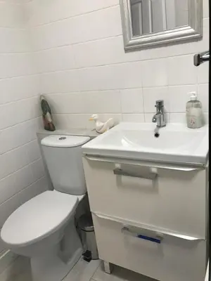 a white bathroom with a toilet and a sink at Towan Beach Holiday Flat in Newquay