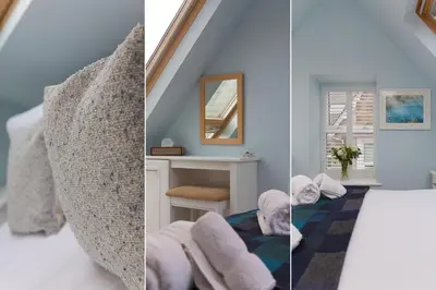 two pictures of a room with a bed and a mirror at Happy Days in St Ives