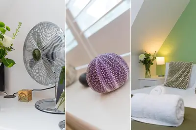 two pictures of a room with a fan and a bed at Happy Days in St Ives