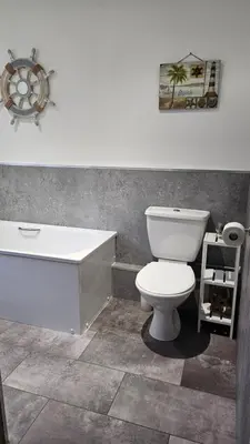 a bathroom with a white toilet and a bath tub at 128 Hengar Manor in Bodmin