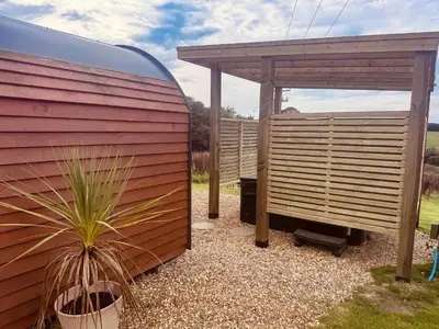 a shed with a pergola and a plant next to it at Stargaze in Truro