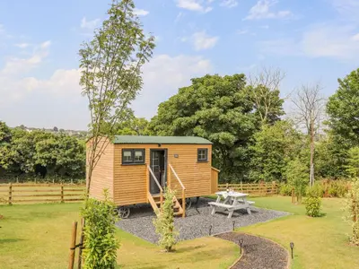 a tiny house in a garden with a picnic table at Rose in Redruth