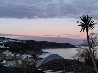 a palm tree sitting next to a body of water at Maen Lay, Gorran Haven in Gorran Haven